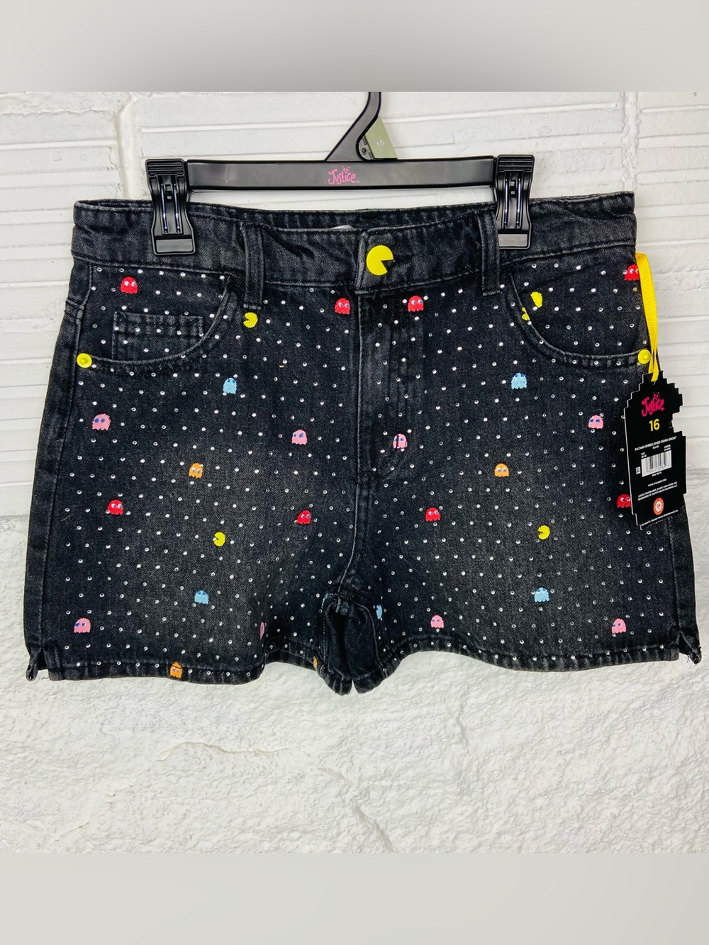 NWT justice Pac-Man Print Black studded Denim mini mom Shorts size 14 & 16